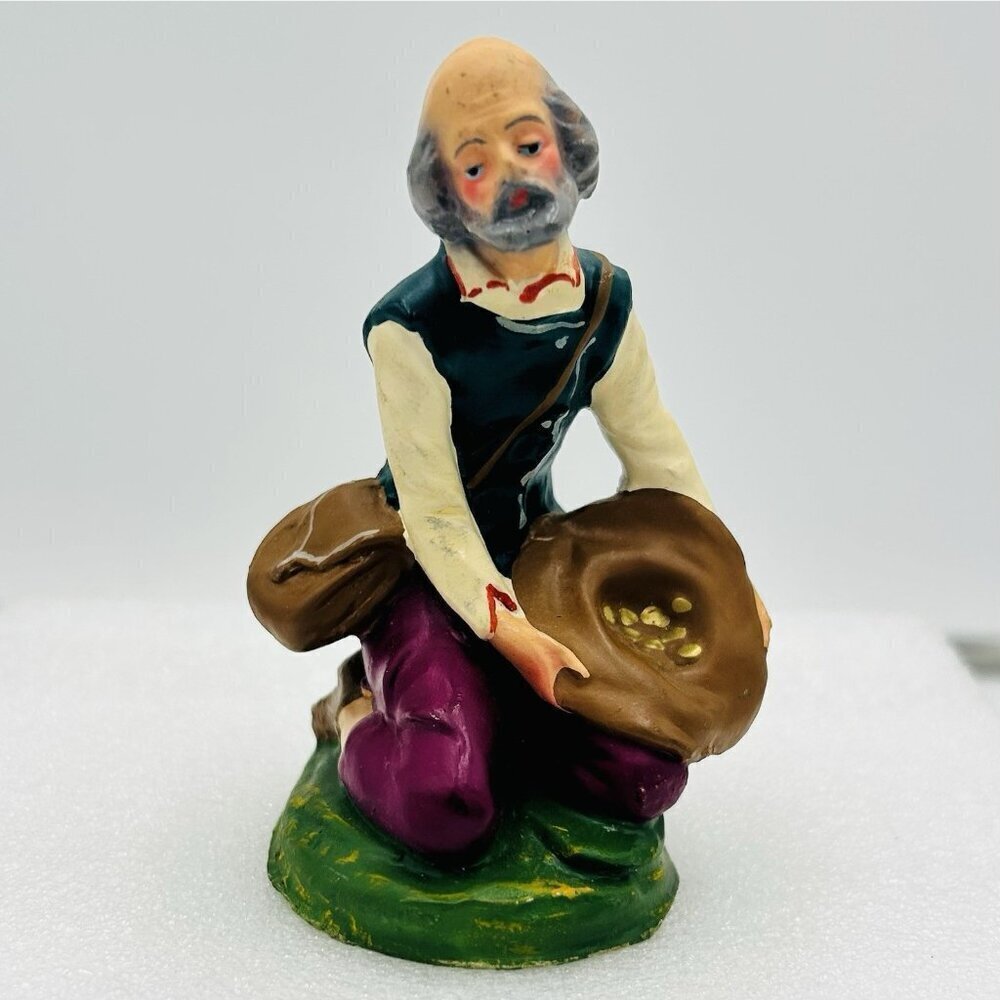 Nativity 4" Ezra Kneeling Villager Paper Mache Beggar Hat Coins Christmas Italy